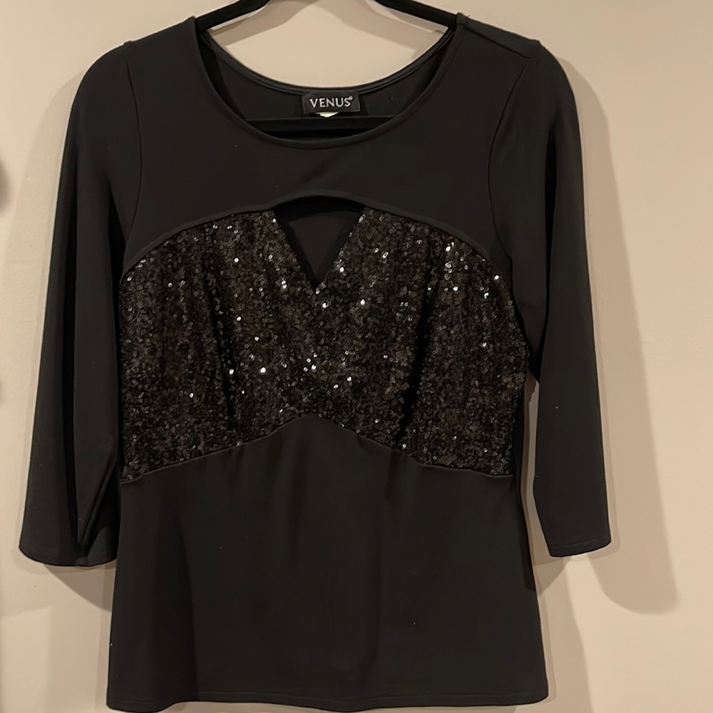 Venus black sequin top peek hole v neck